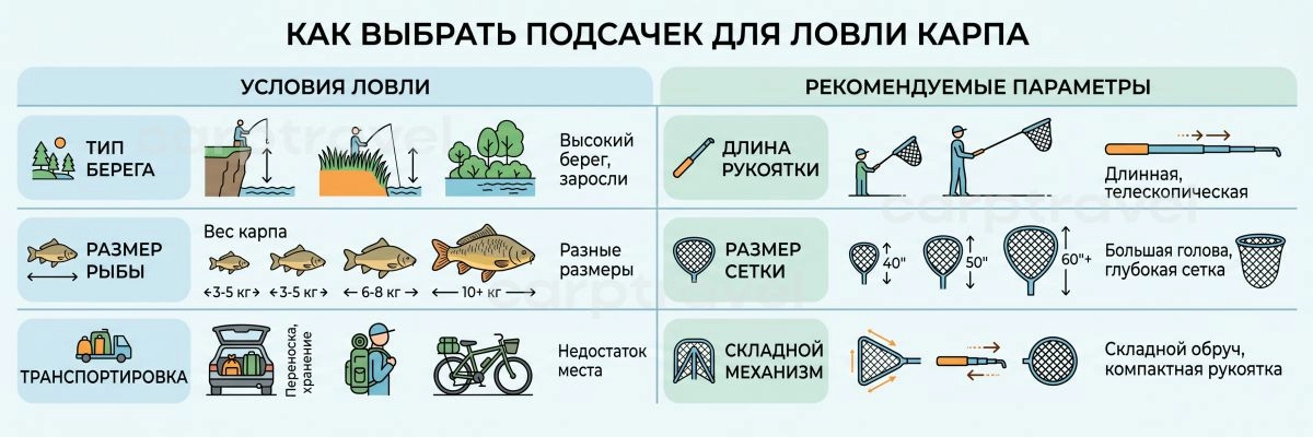 Короткая шпаргалка: подбираем карповый подсак под свои условия