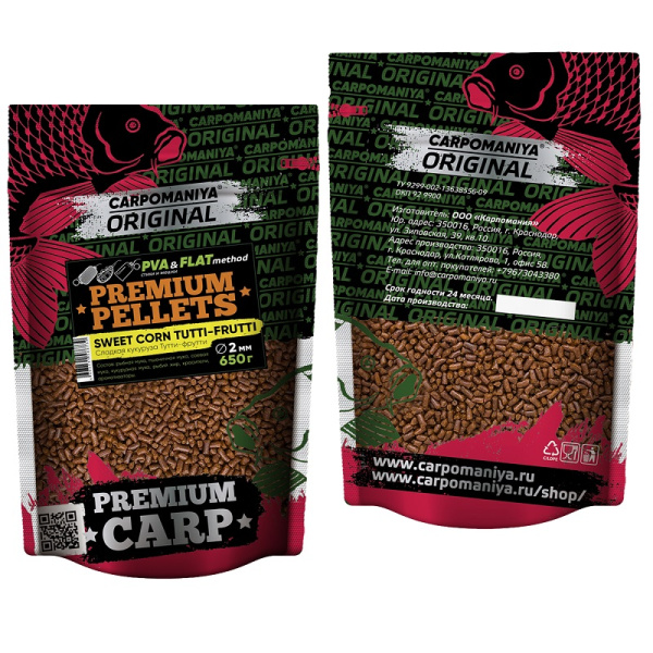 Пеллетс Carpomaniya  SWEET CORN + TUTTI-FRUTTI 2мм 650 г (сладкая кукуруза + тутти-фрутти)   Красный