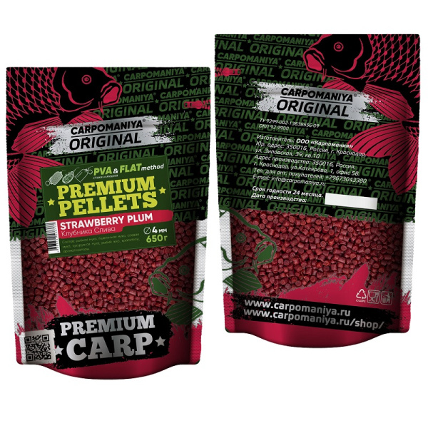Пеллетс Carpomaniya  Strawberry+Plum 4мм 650 г (клубника+слива)   Красный